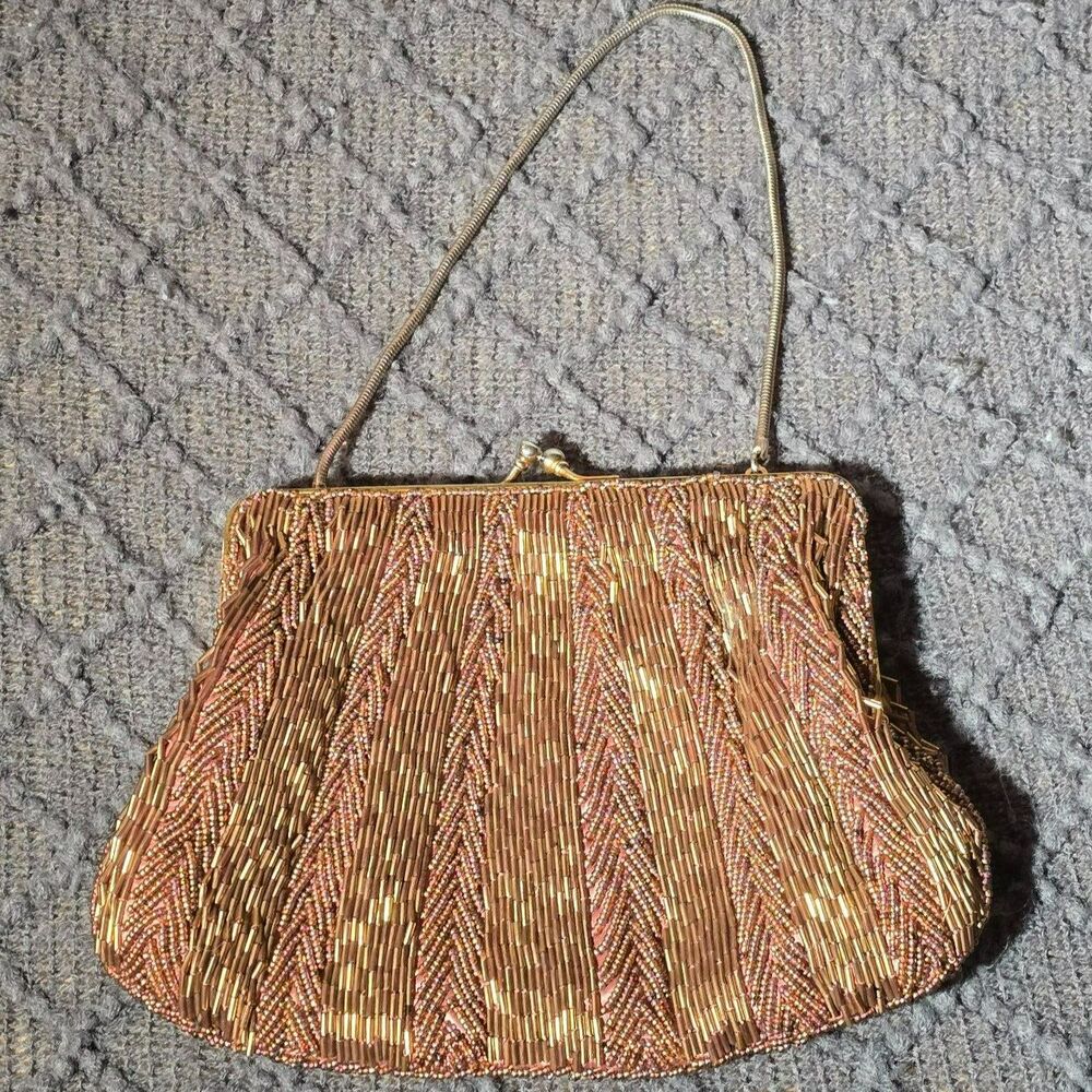 Vintage 1960s MCM Beaded Clutch Bag Bronze Gold Metallic Winkelman’s Hong Kong